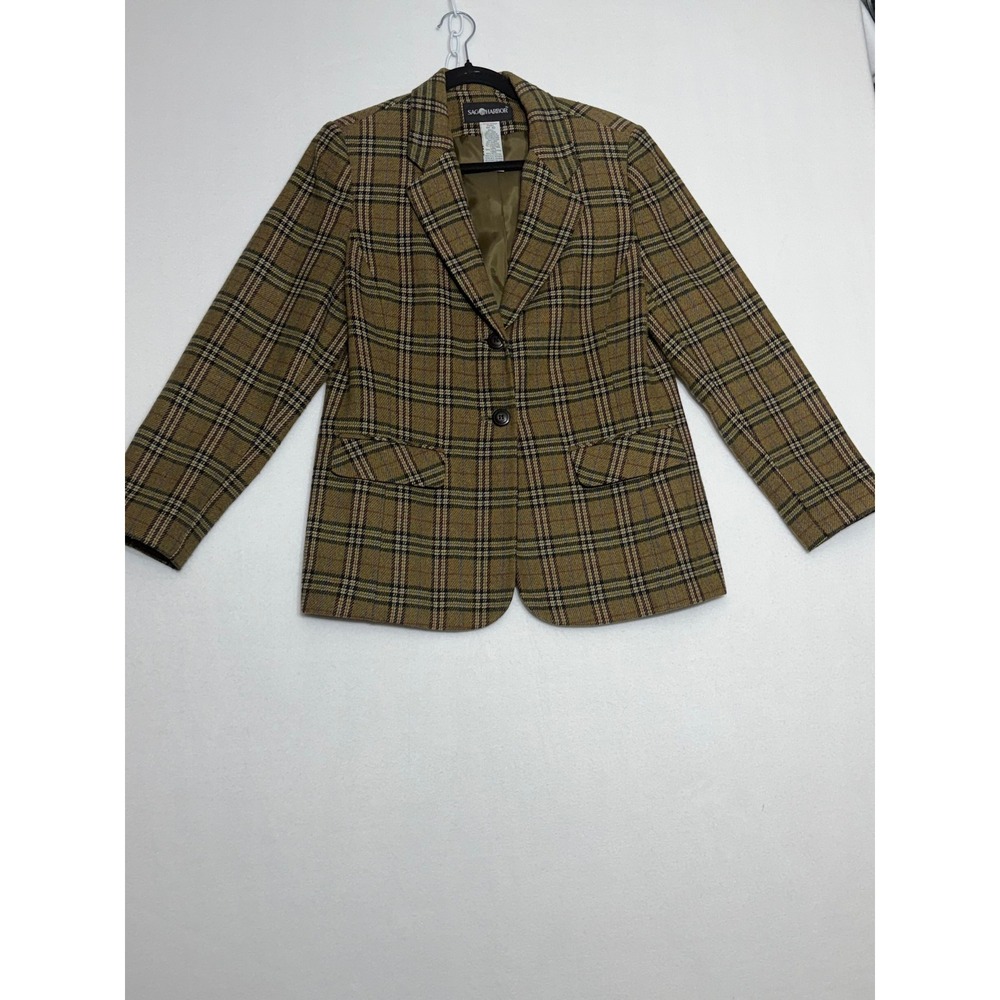 Sag Harbor Plaid Wool Blend Blazer Jacket Brown Tan Two Button Size 10